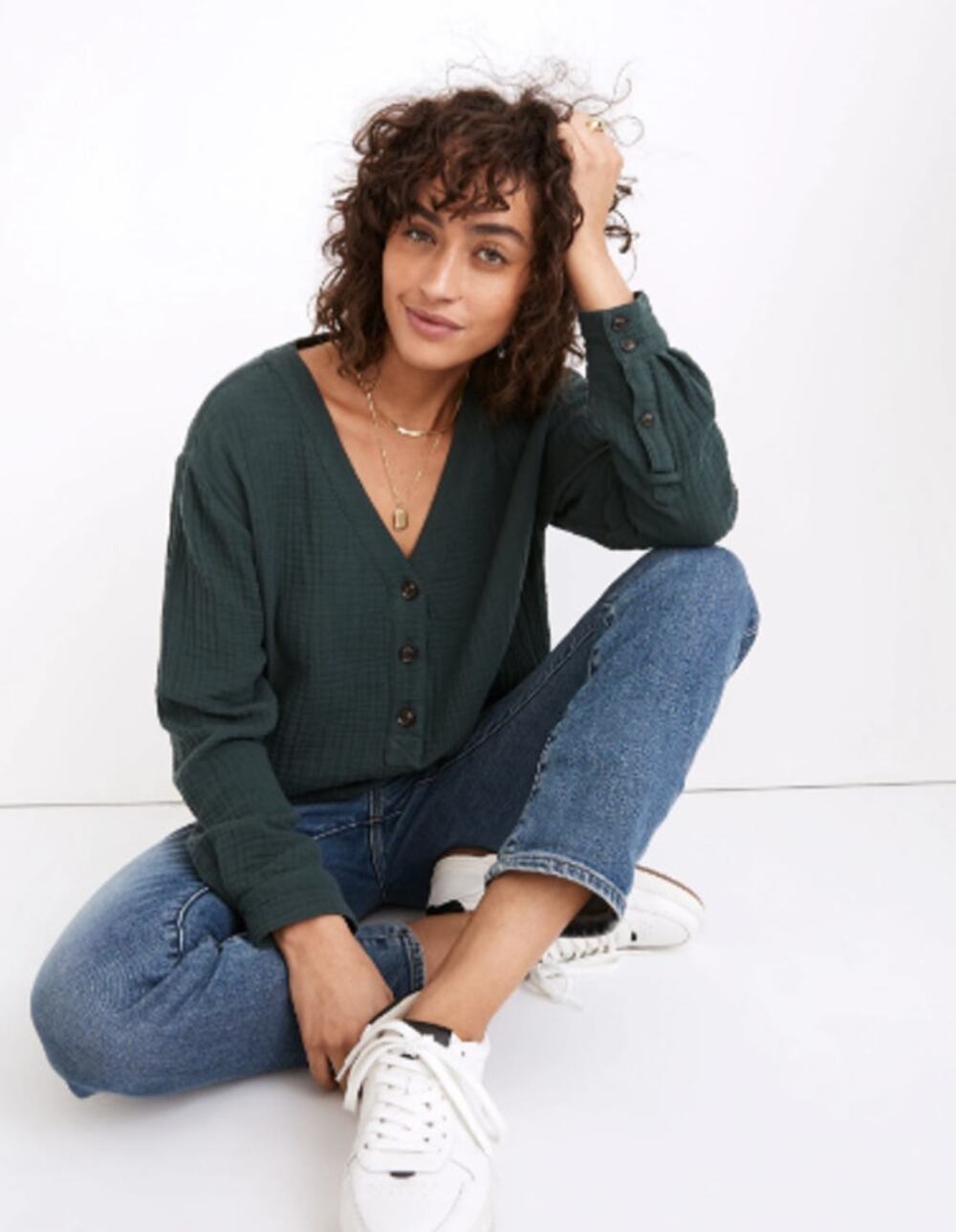 Madewell Lightspun Evert Green Gauze Long Sleeve Button Front Shirt Top Size XS